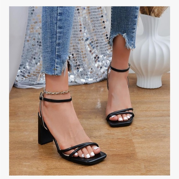 Women's Heeled Sandals Square Open Toe High Heels Crossed Ankle Strap (072) - Picture 3 of 5